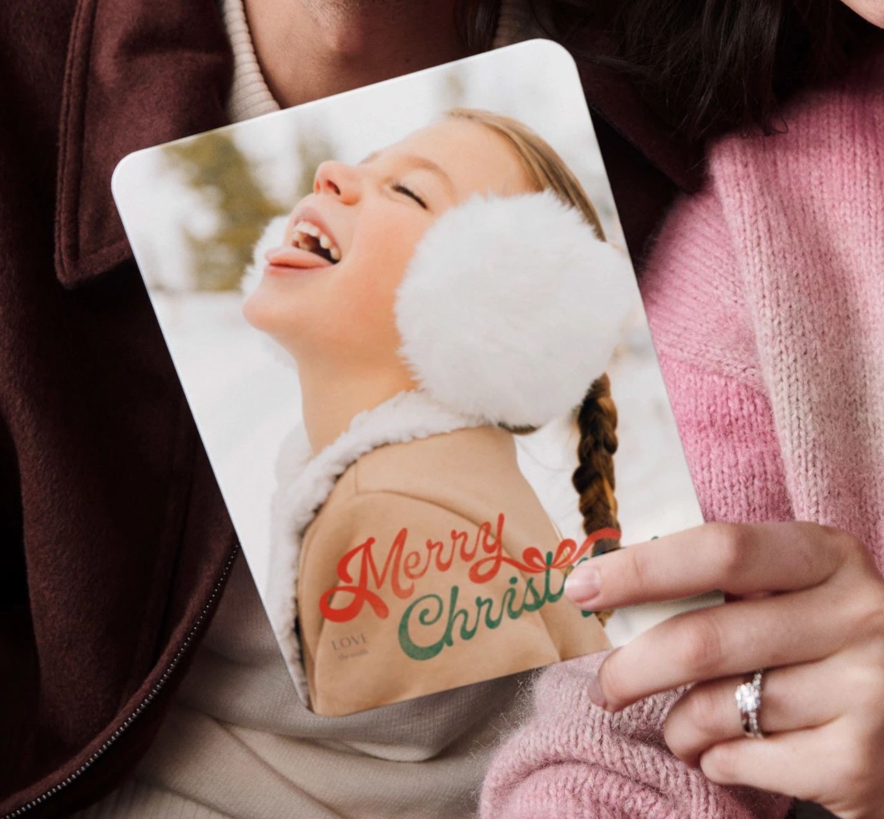 full photo christmas card with picture of little girl on the front