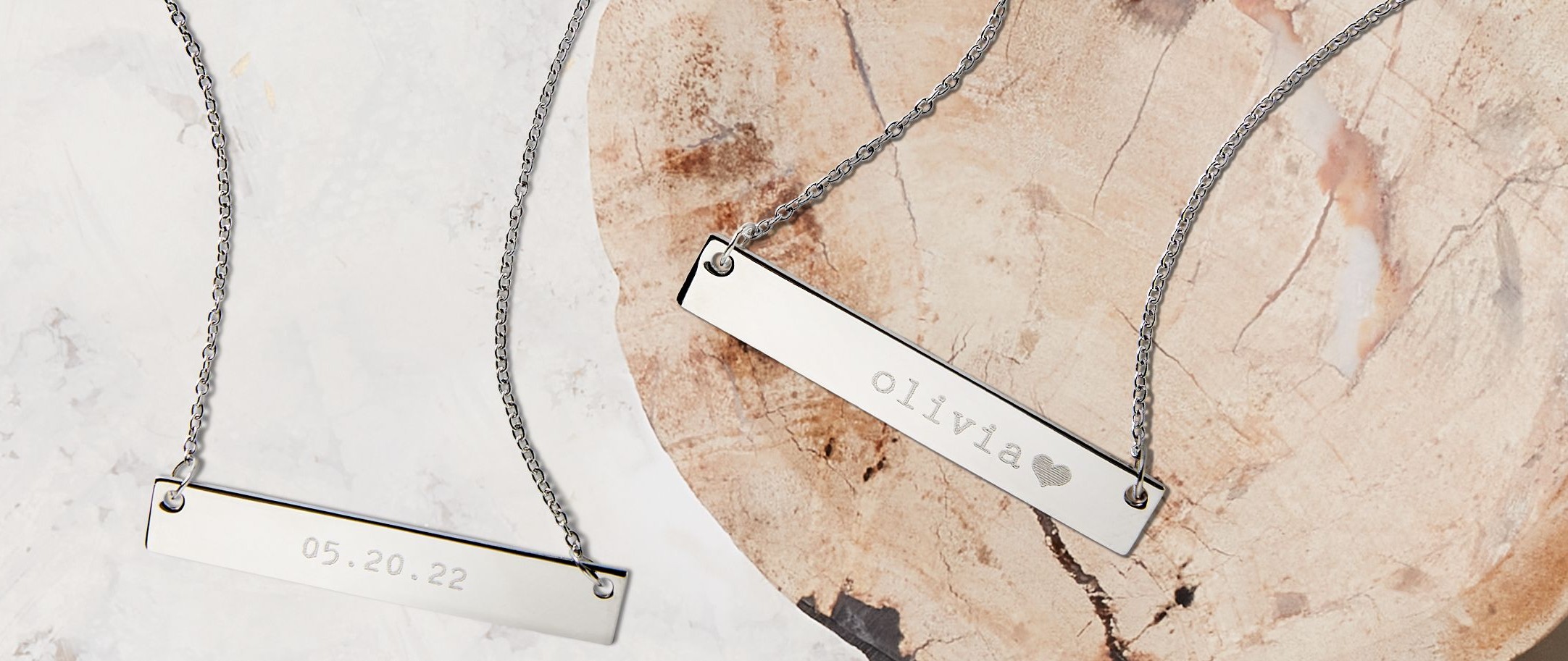 two silver engraved bar necklaces