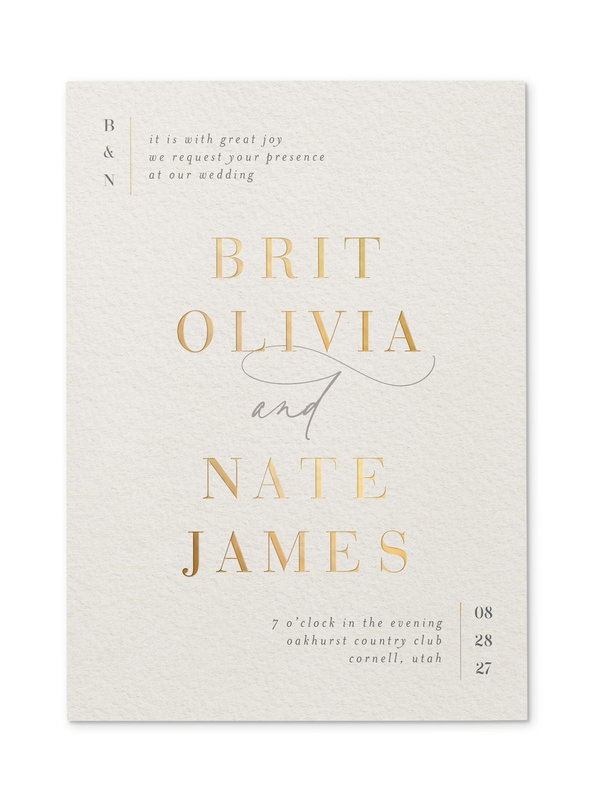 gleaming gathering wedding invitation with gold foil