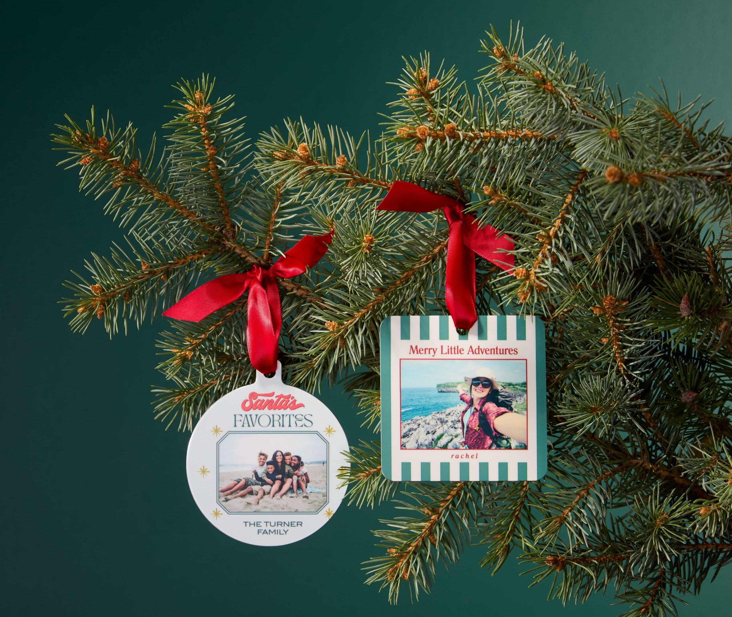 photo ornaments hanging on a tree