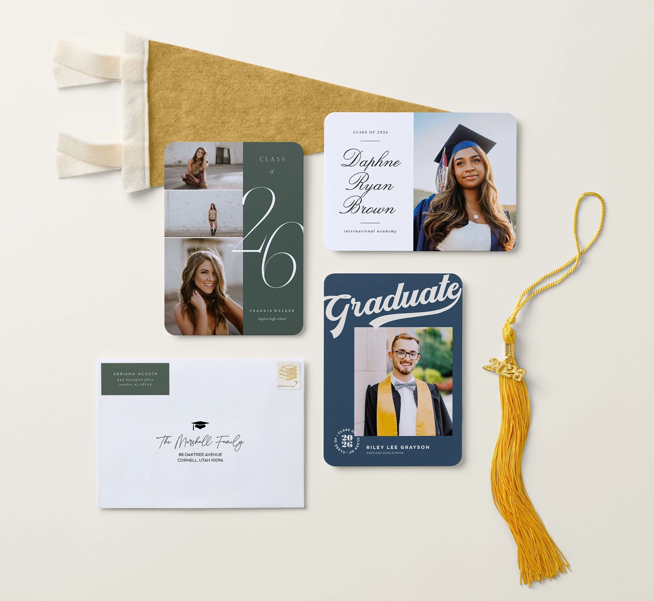 collection of 2026 graduation announcement cards and envelope