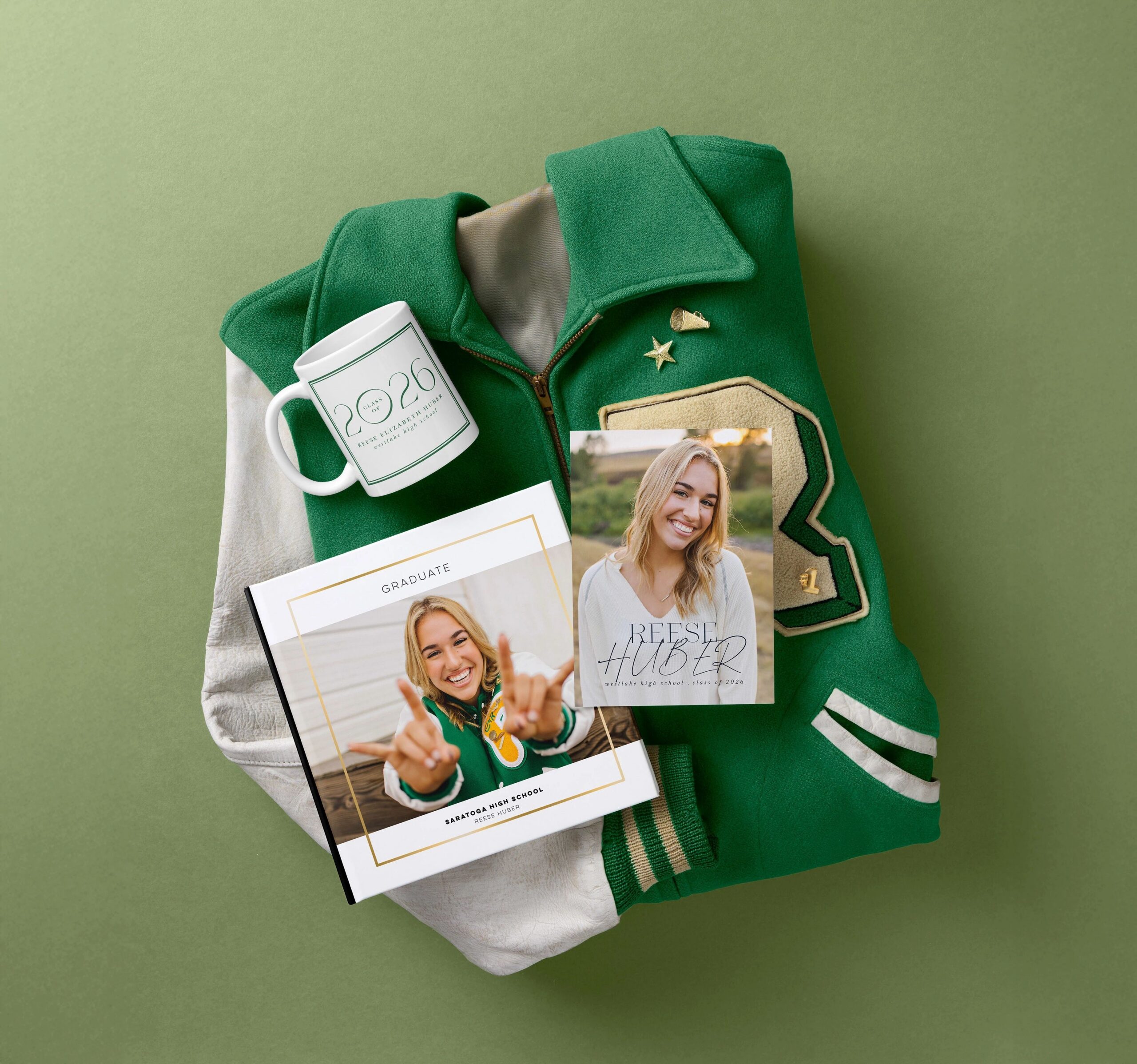 graduation mug, photo book, and graduation announcement