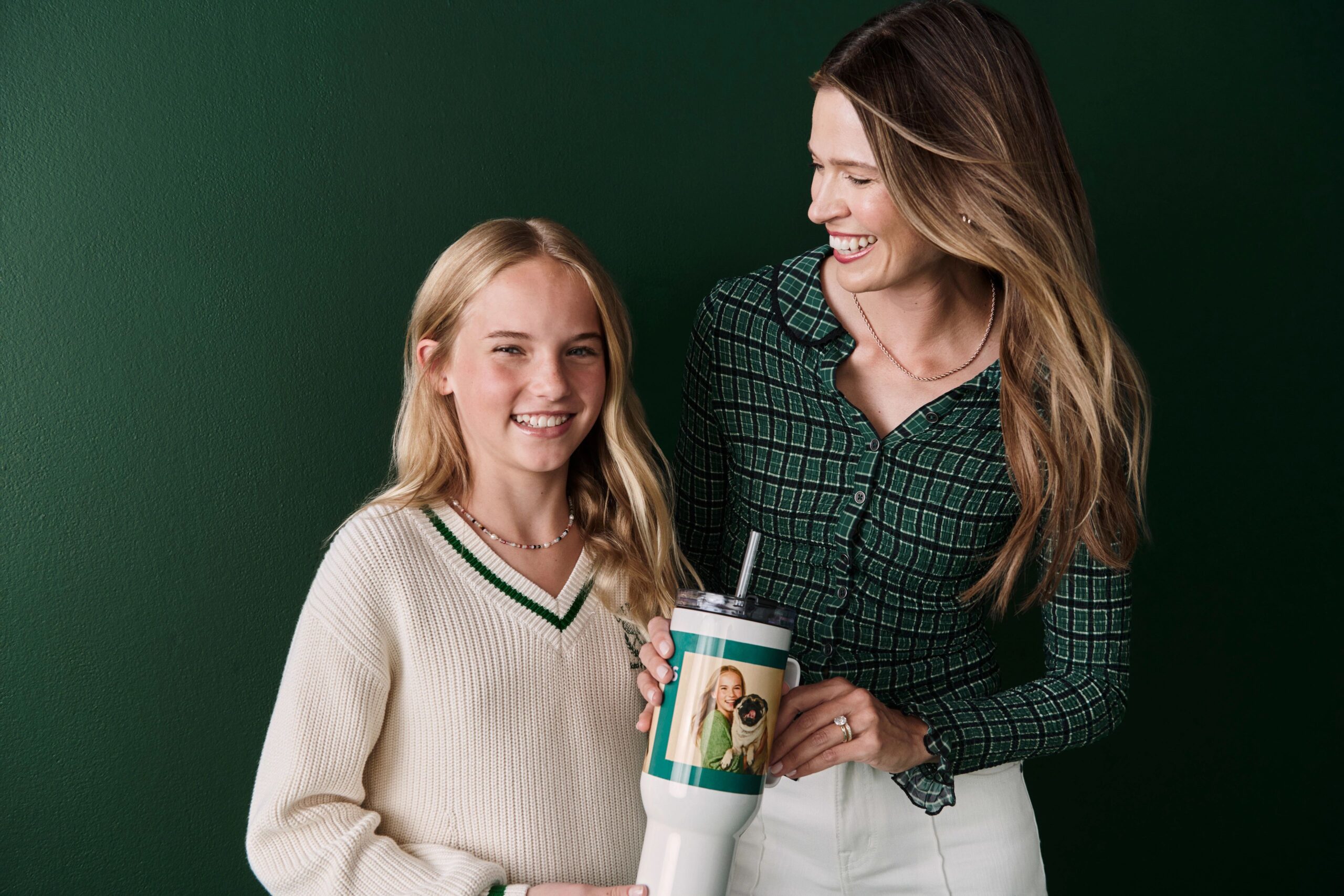 mom and daughter with travel mug gift