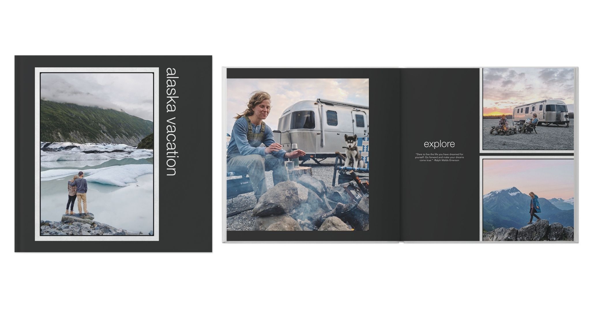 travel photo book with black and white template showing photos from alaska vacation