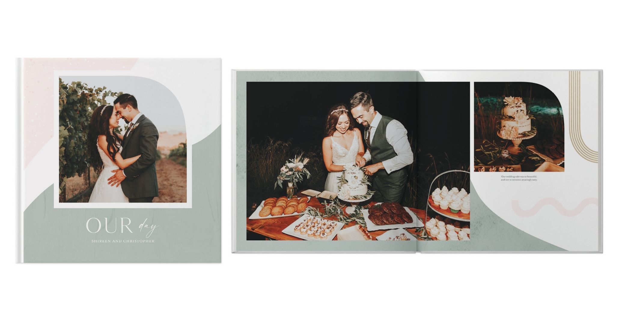 boho-themed wedding photo book with muted color palette
