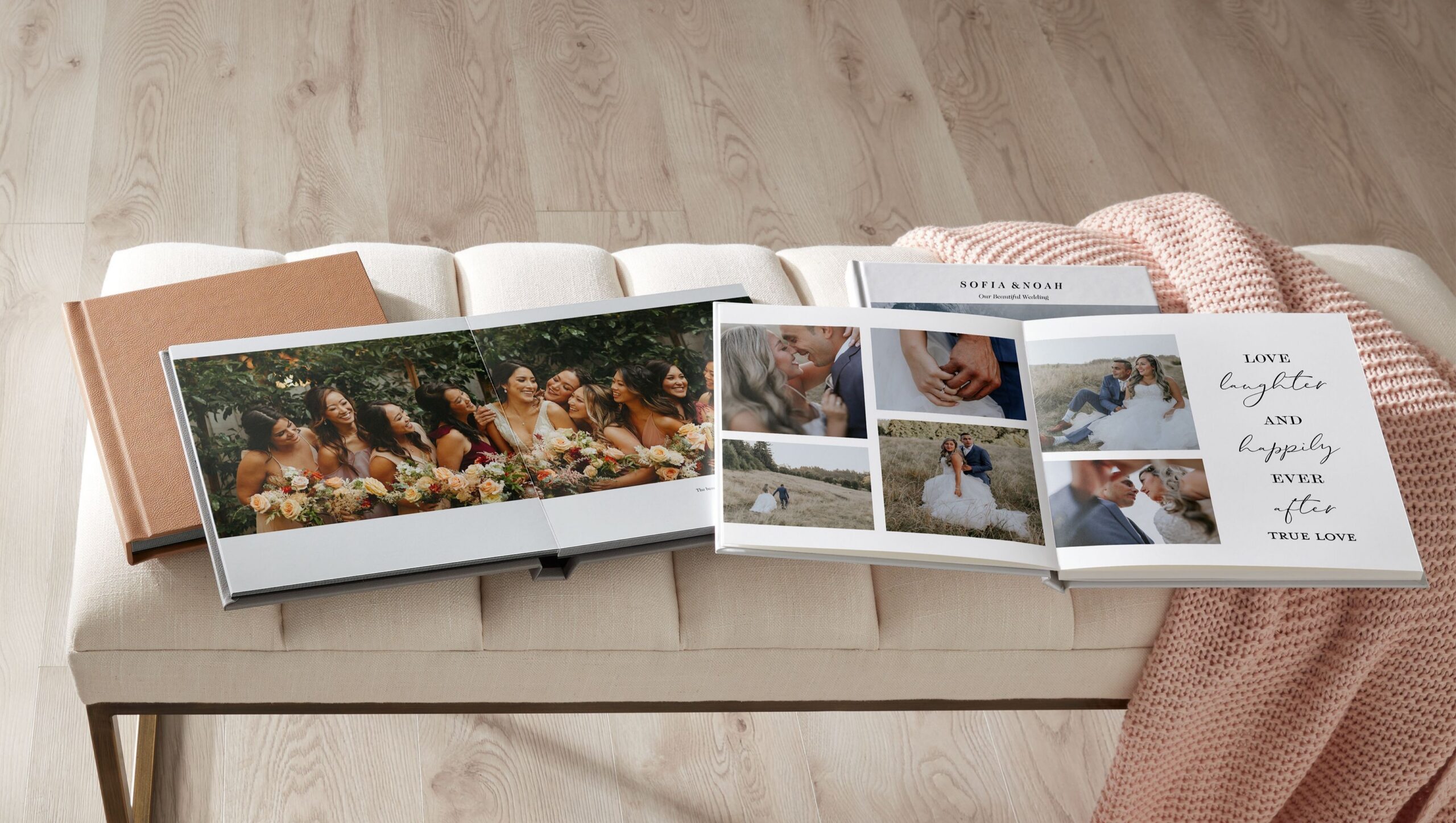 two open wedding photo books, one featuring bridal party and one featuring bride and groom