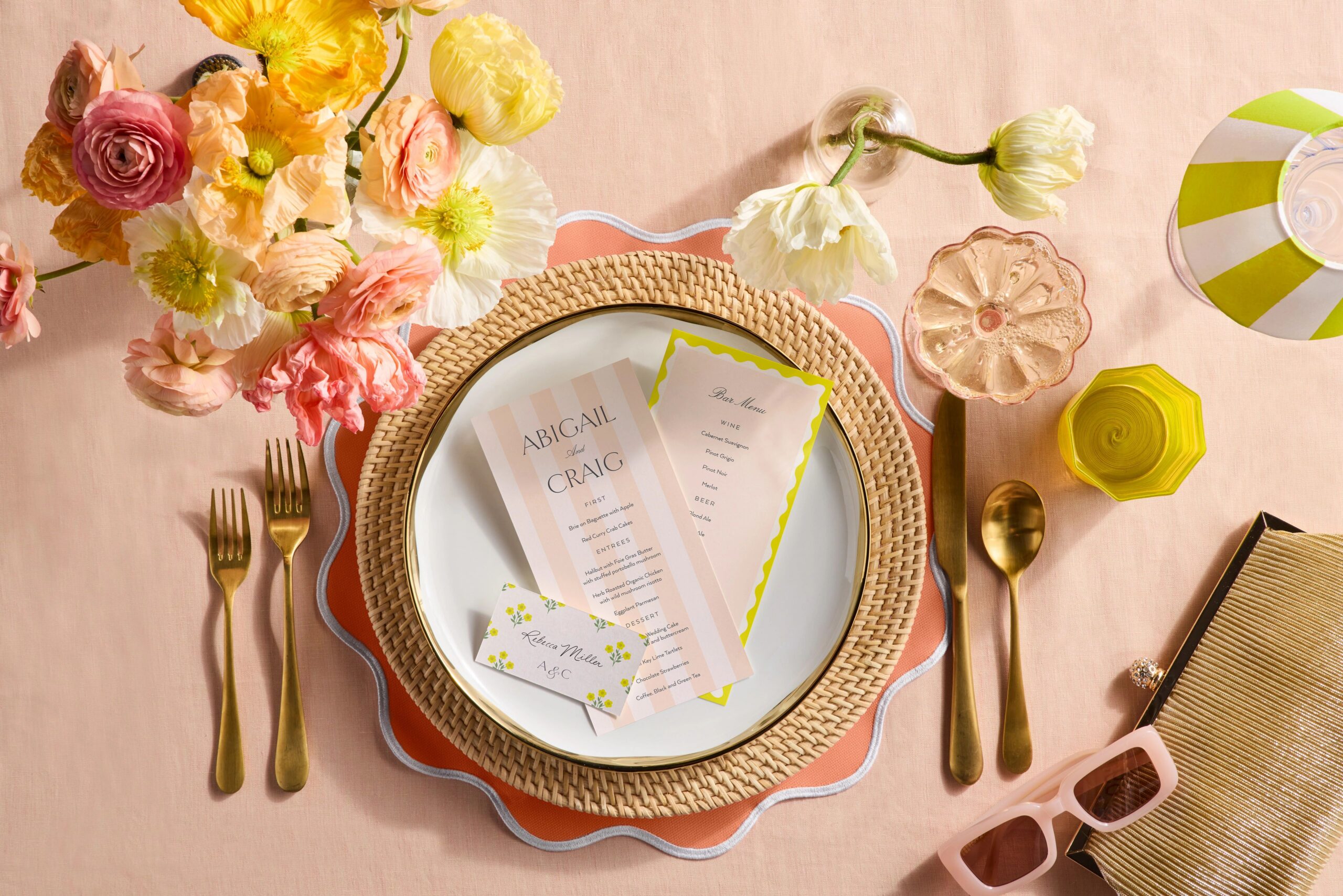 wedding menu card, place card, and program