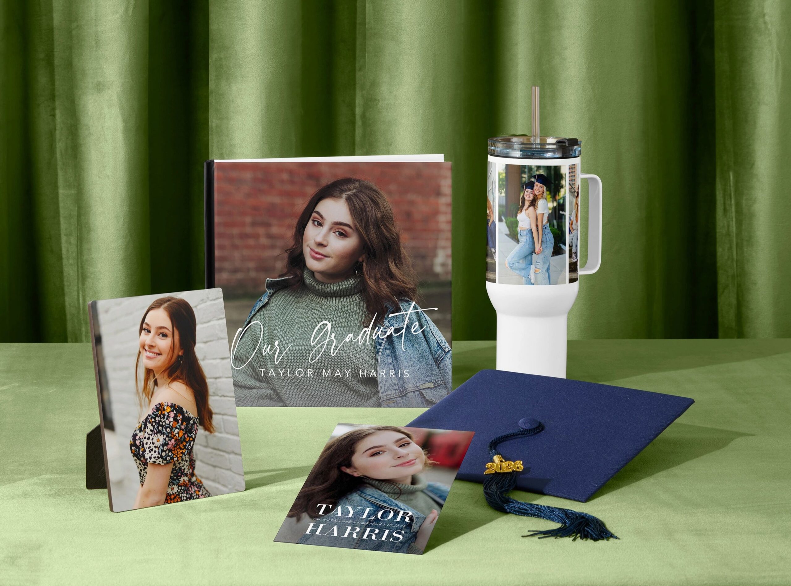 desktop plaque, photo book, tumbler, and graduation announcement