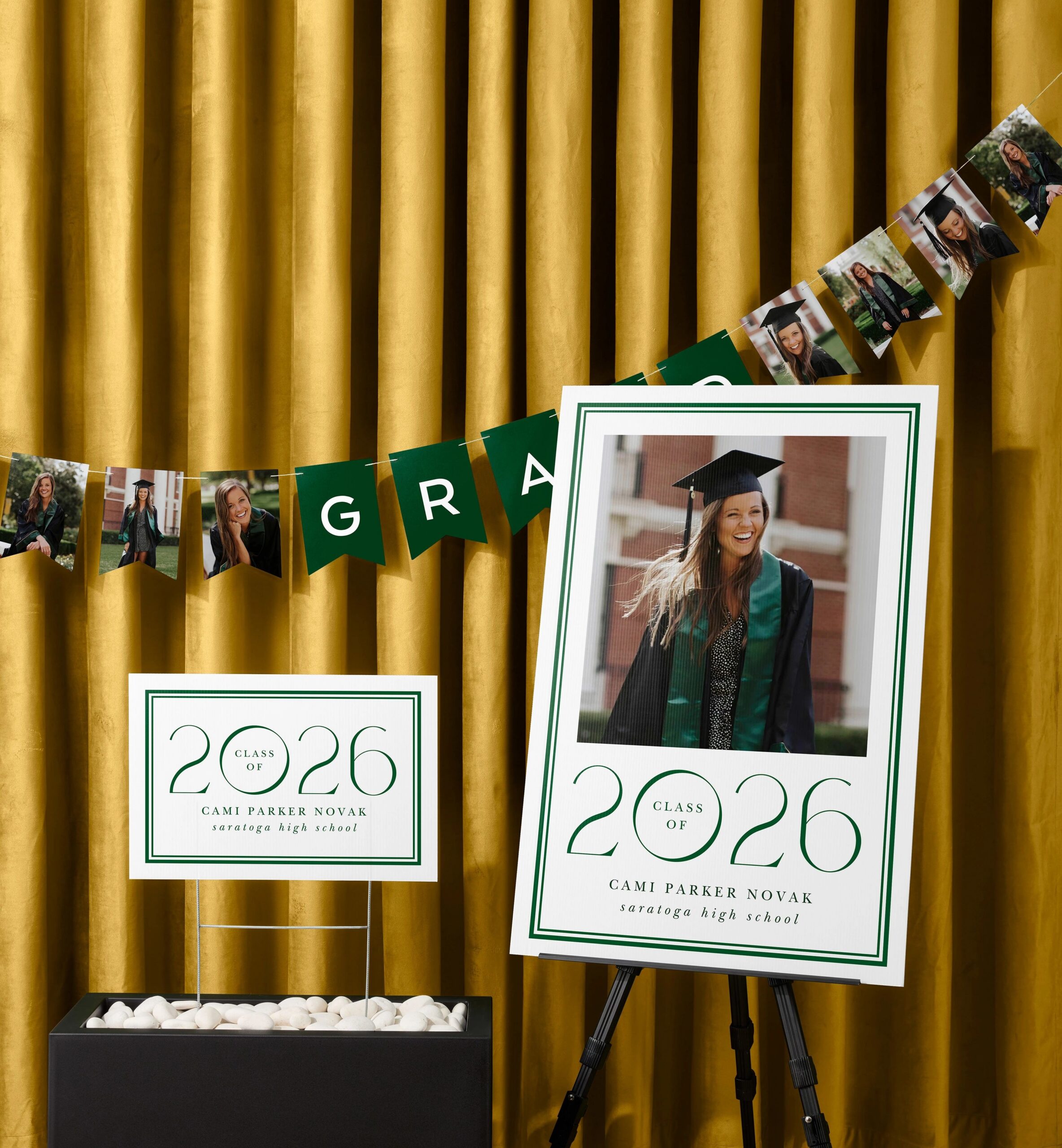 bunting banner, yard sign, and celebration photo board for graduation