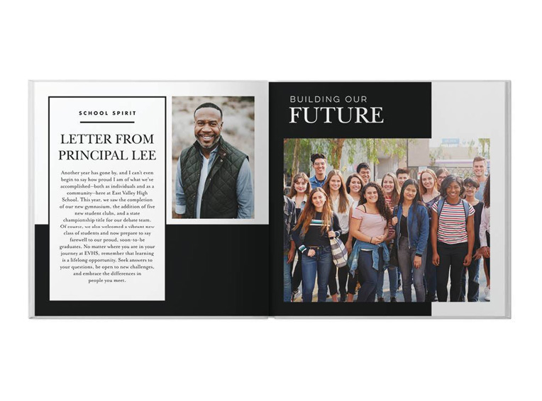 school yearbook layout example with photos and text sections