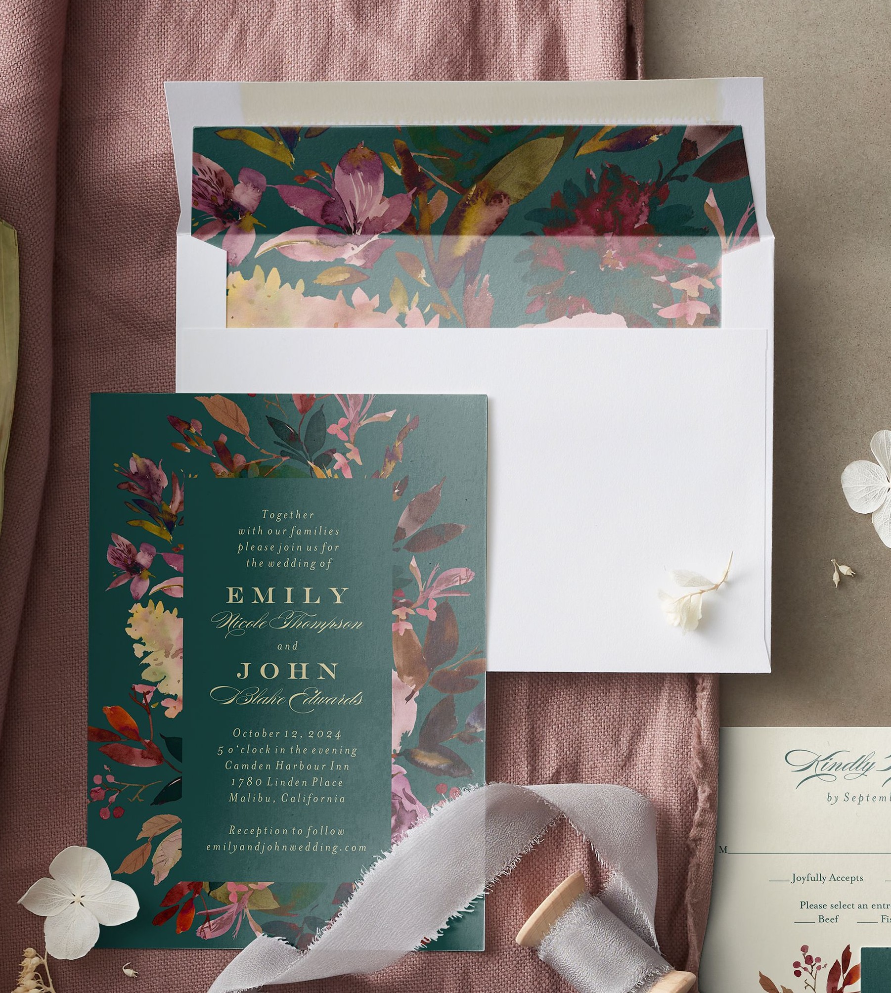 wedding invitation with floral envelope liner