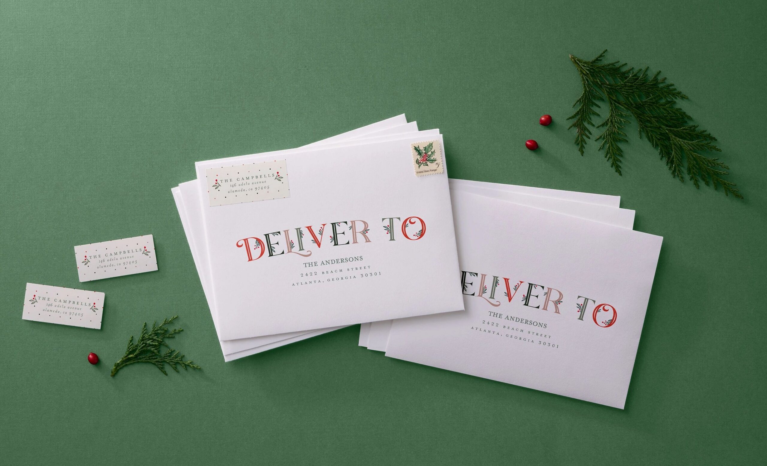 holiday address labels on a custom holiday card envelope