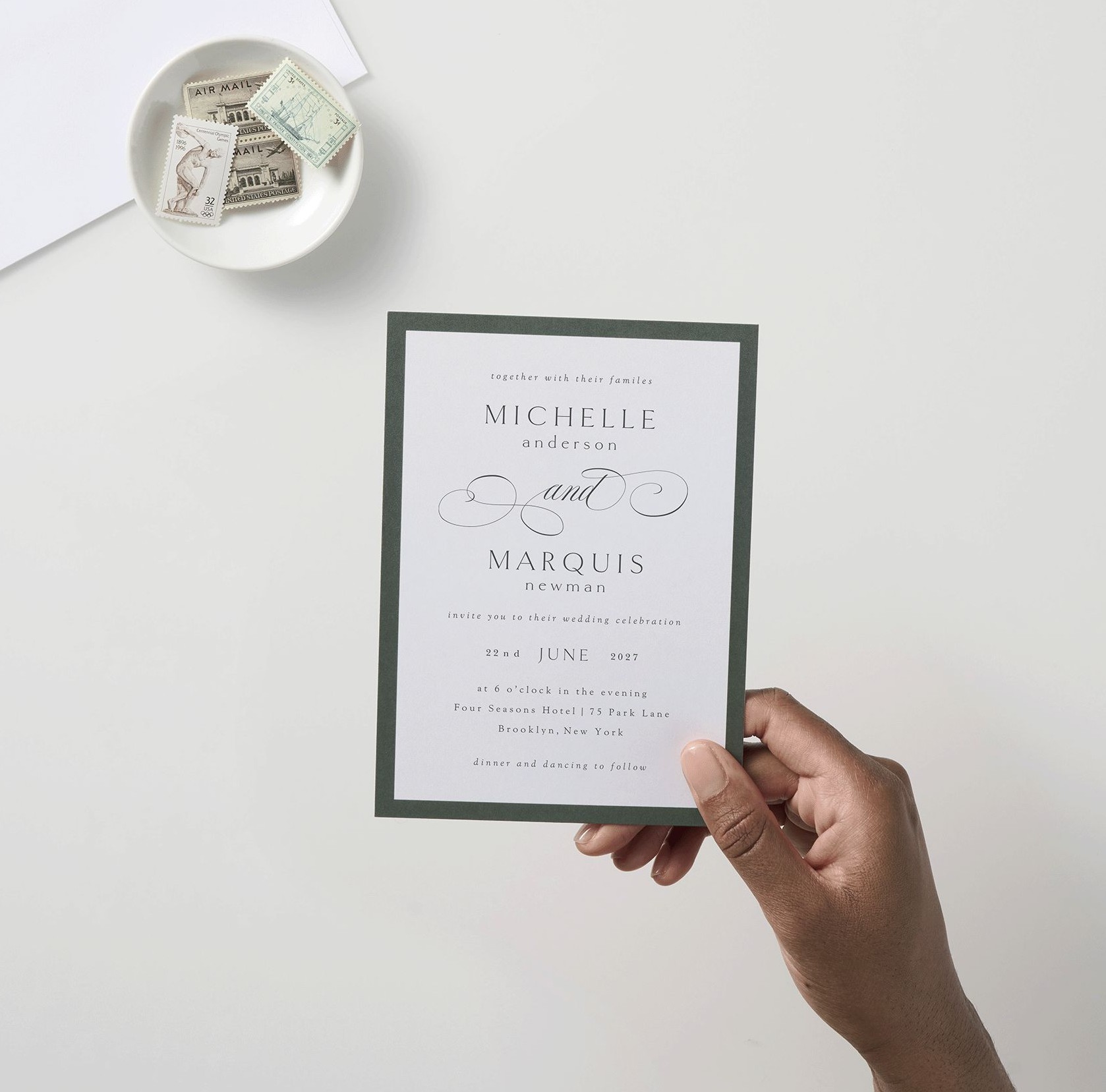 green and white square trim wedding invitation
