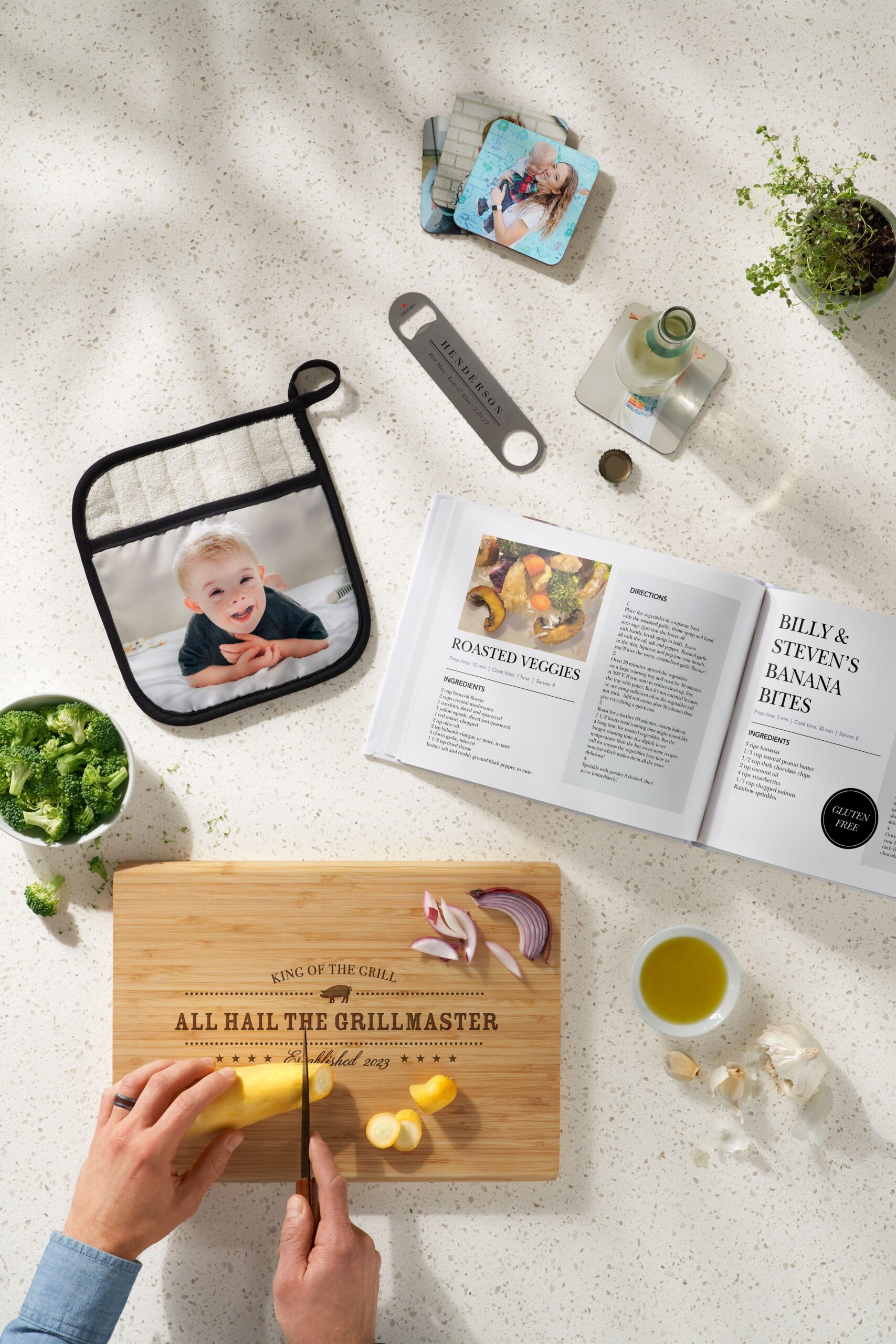 custom cookbook photo book, bottle opener, pot holder, and cutting board