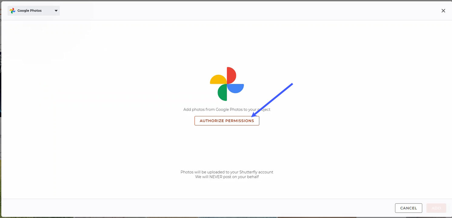 authorize google photo use for shutterfly