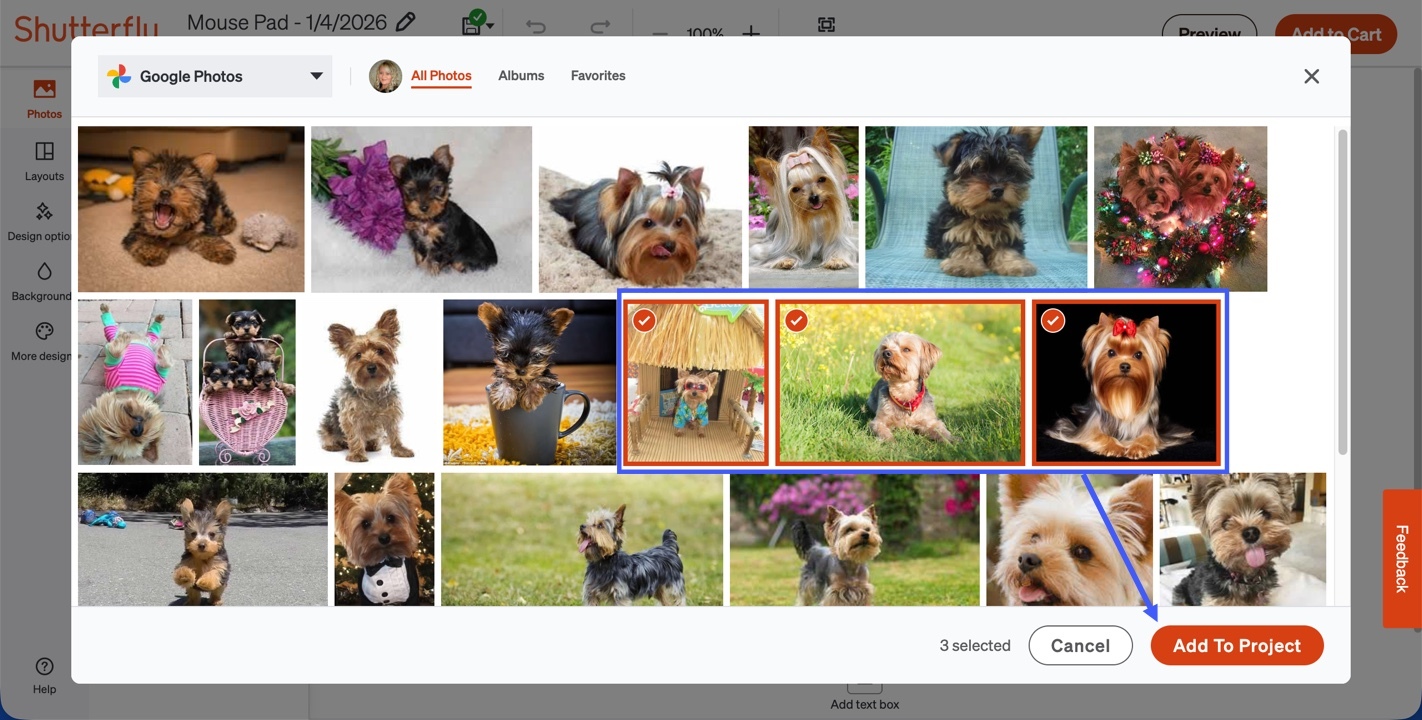 upload google photos to shutterfly project