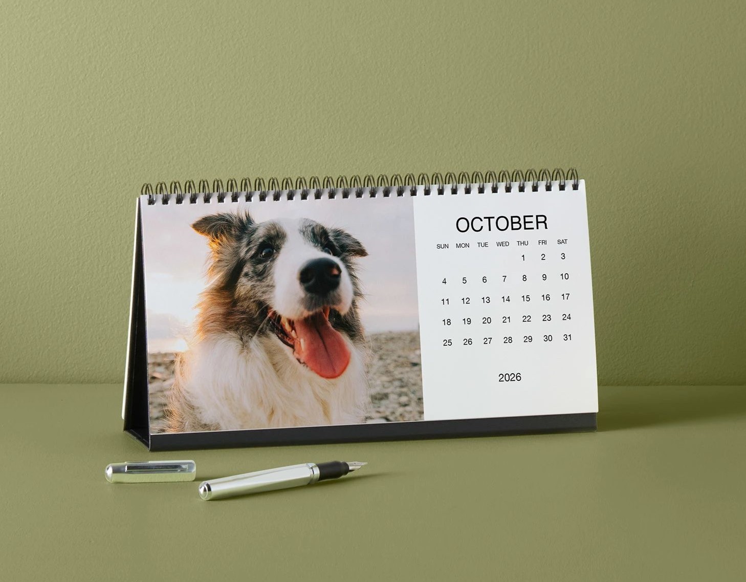 photo desk calendar for 2026 with photo of a dog