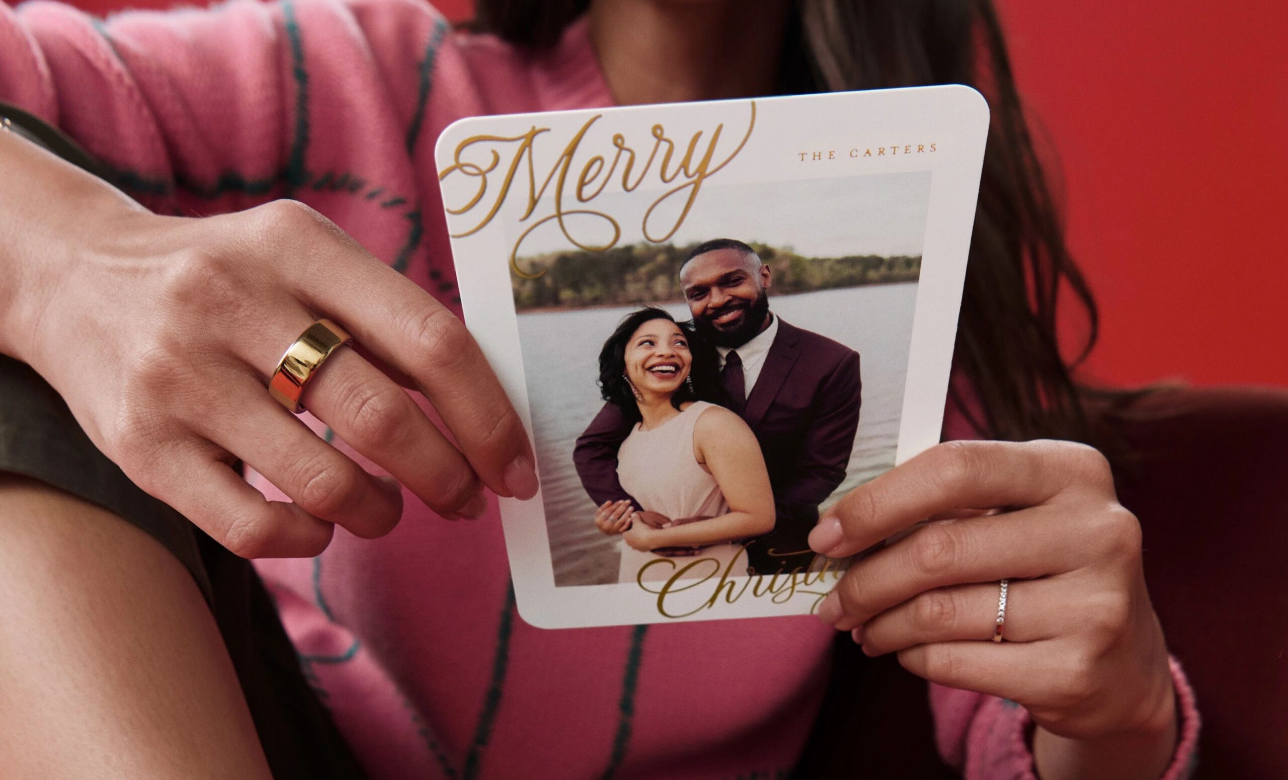 foil christmas card with photo of a couple embracing