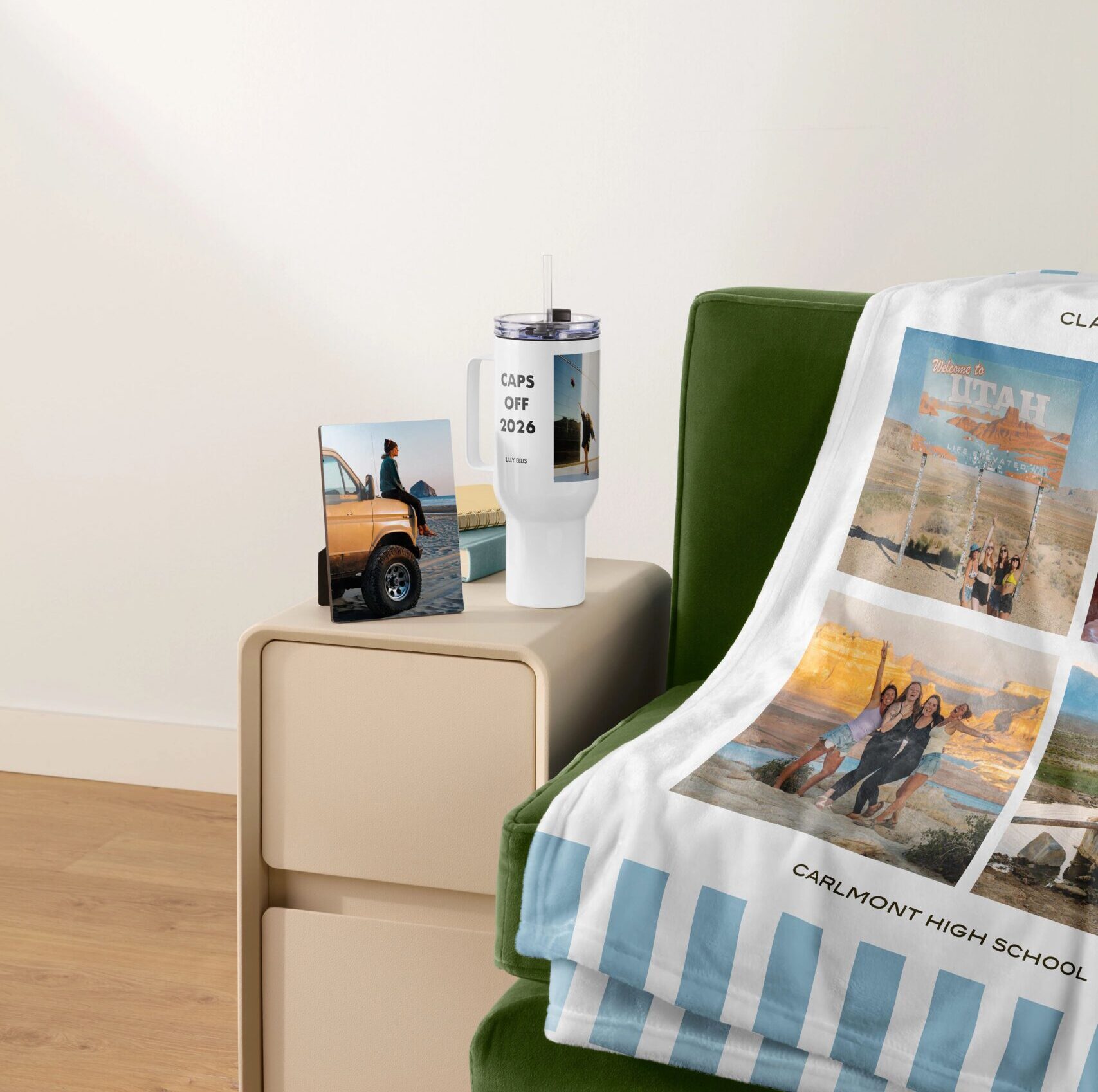 photo blanket, travel mug, and desktop plaque