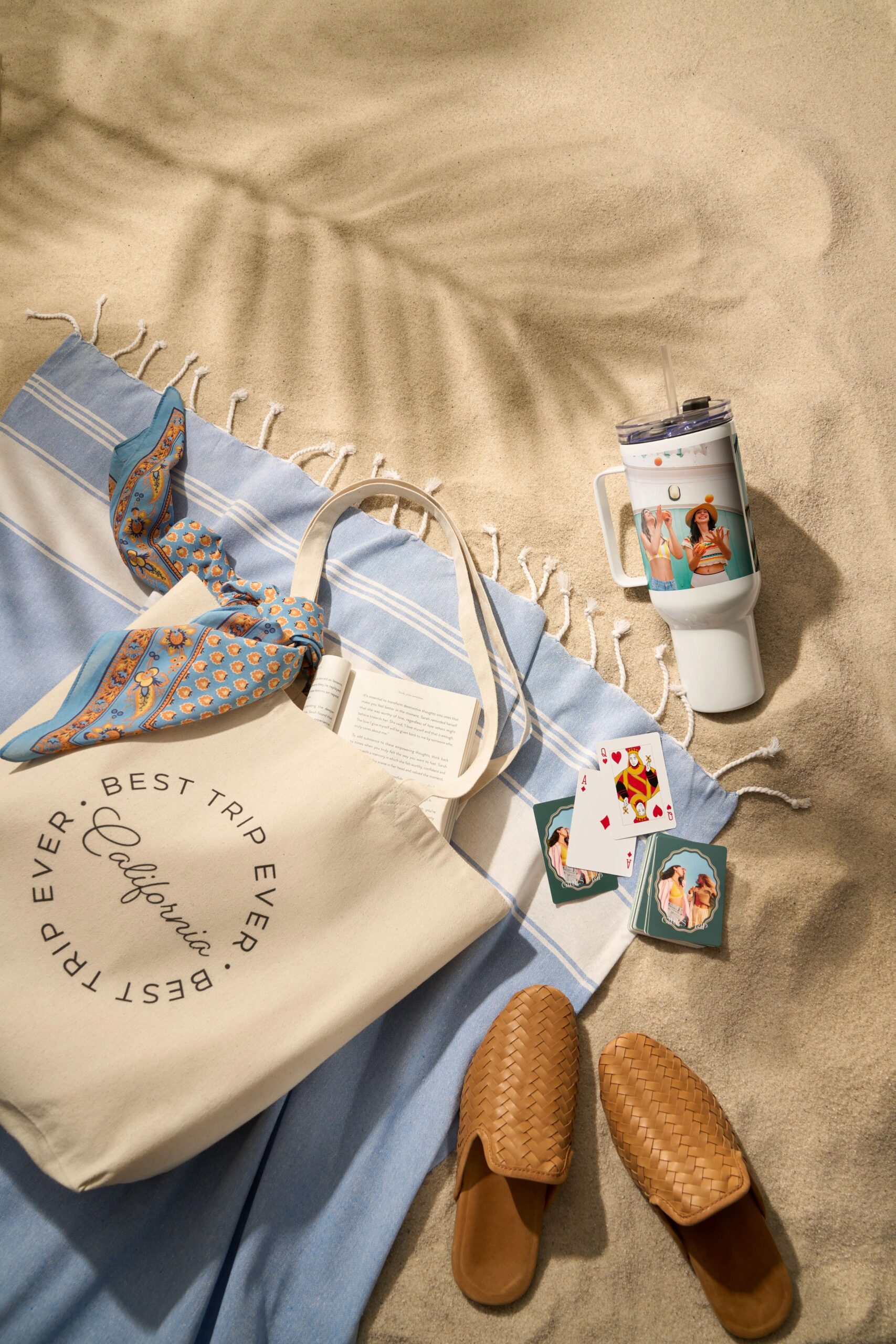 travel mug, tote bag, and personalized playing cards