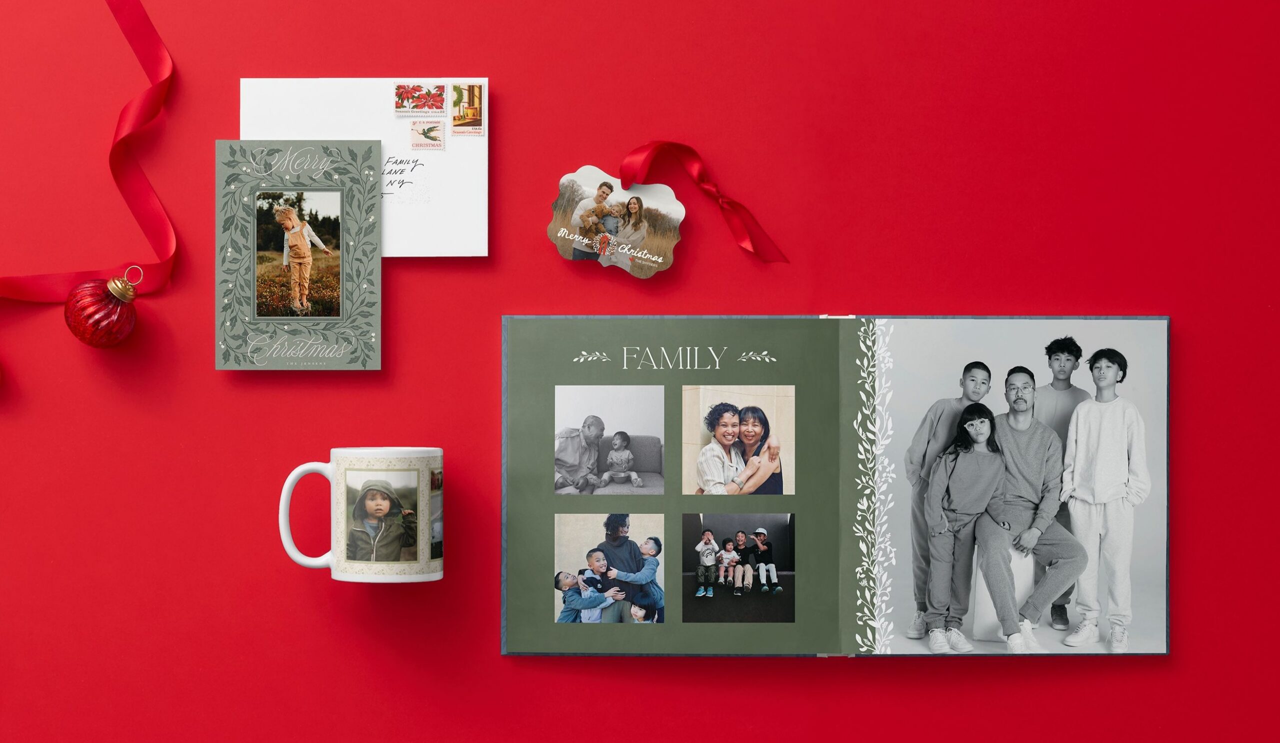 christmas card, photo mug, photo christmas ornament, and photo book