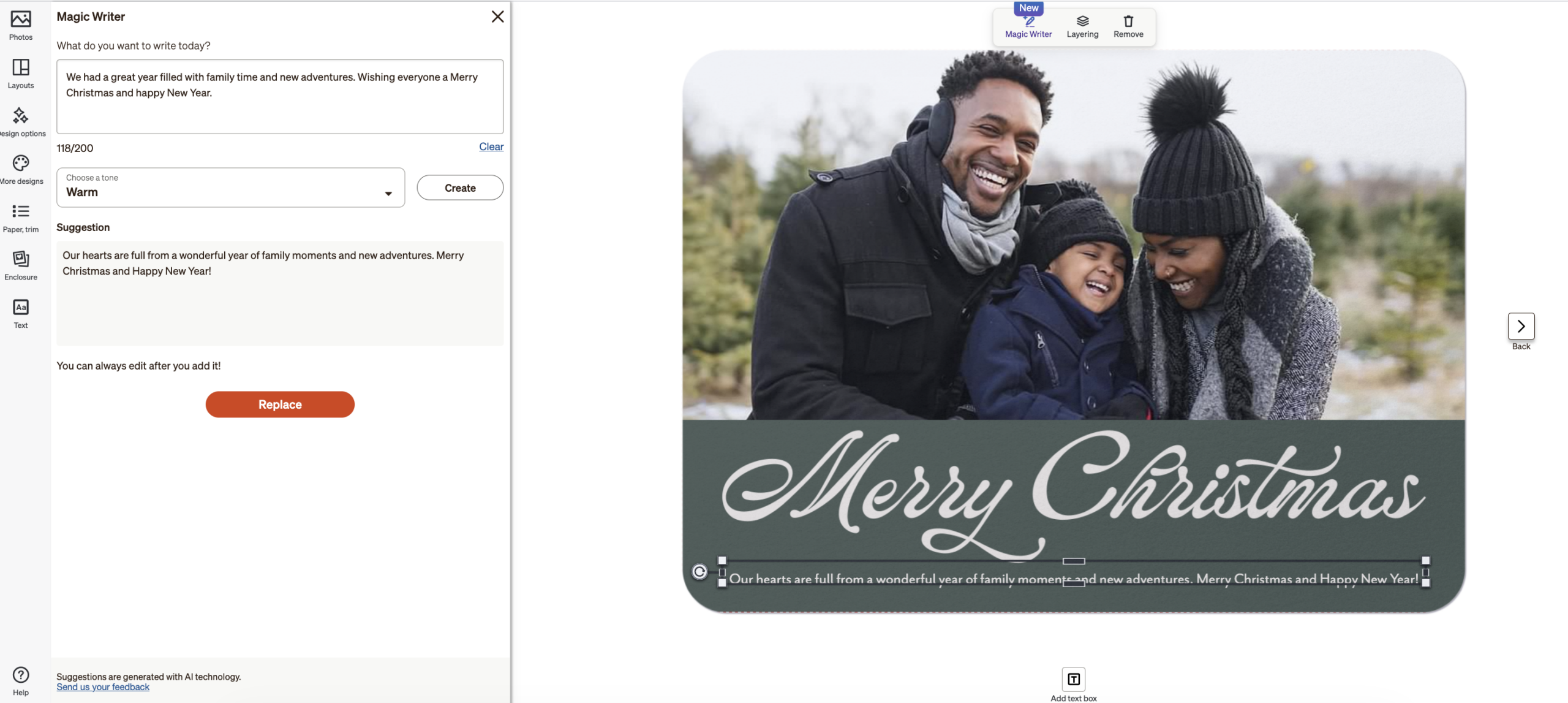 adding text to a christmas card with magic writer