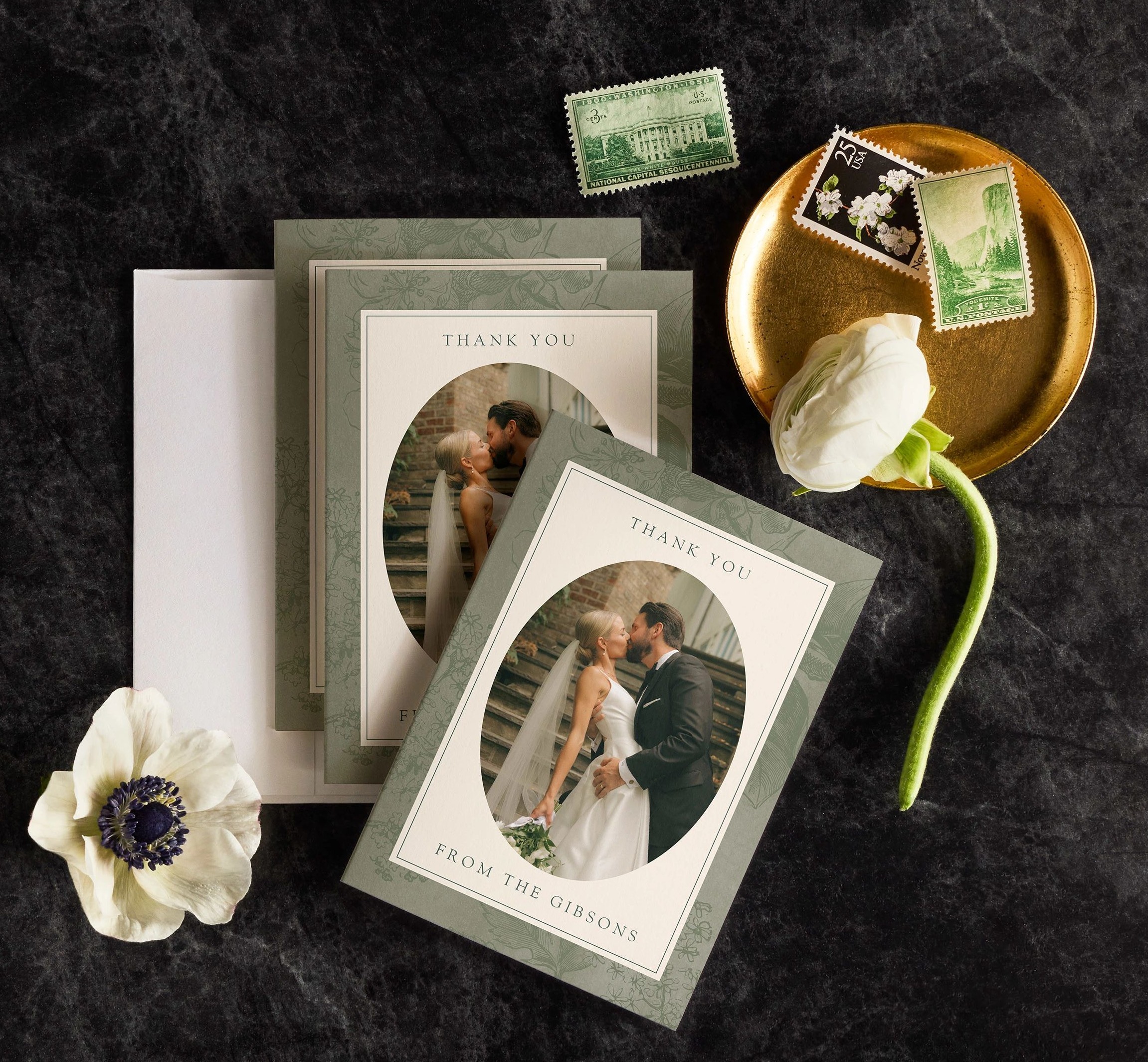 wedding thank you cards with a flower and stamps