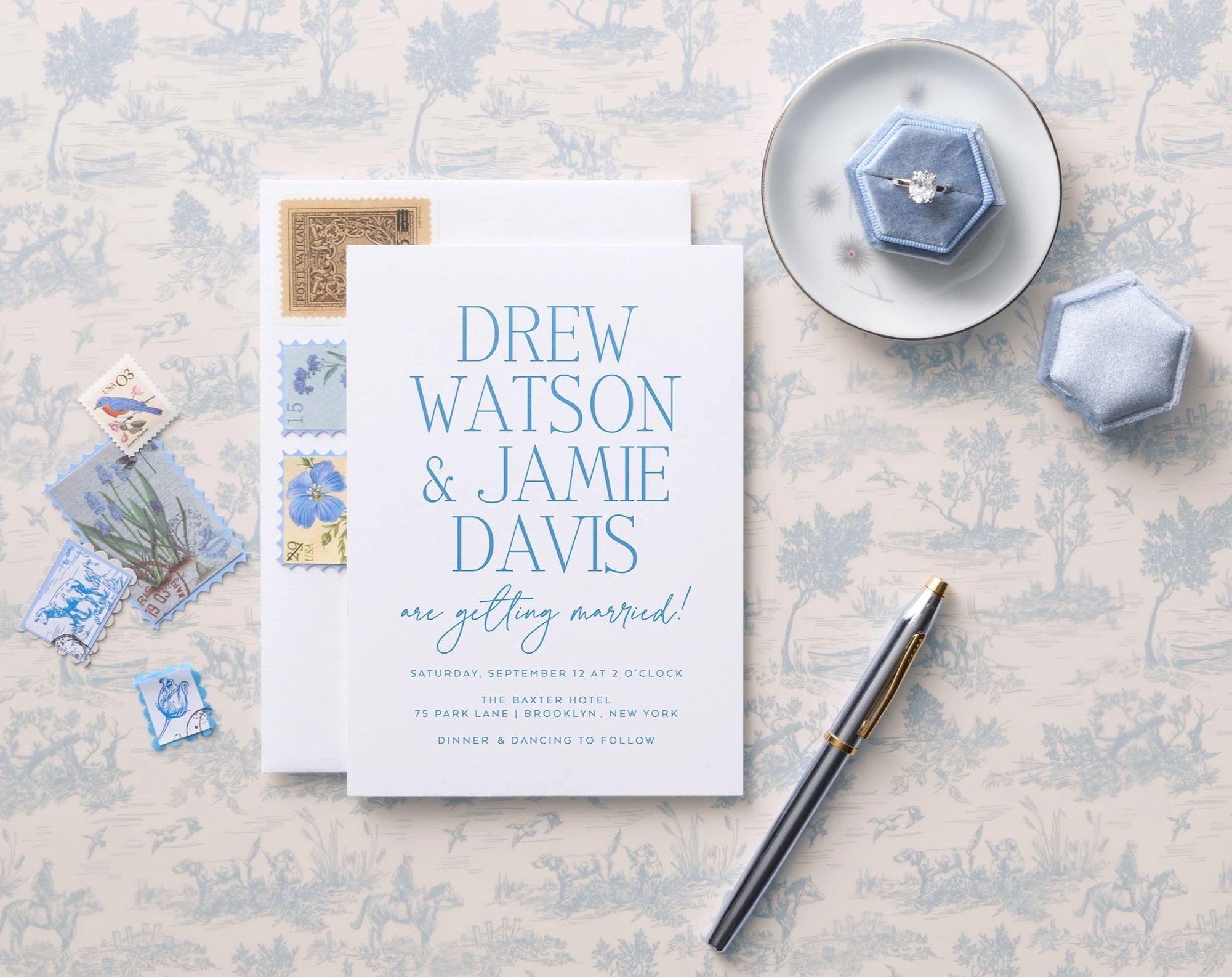 blue and white wedding invitation