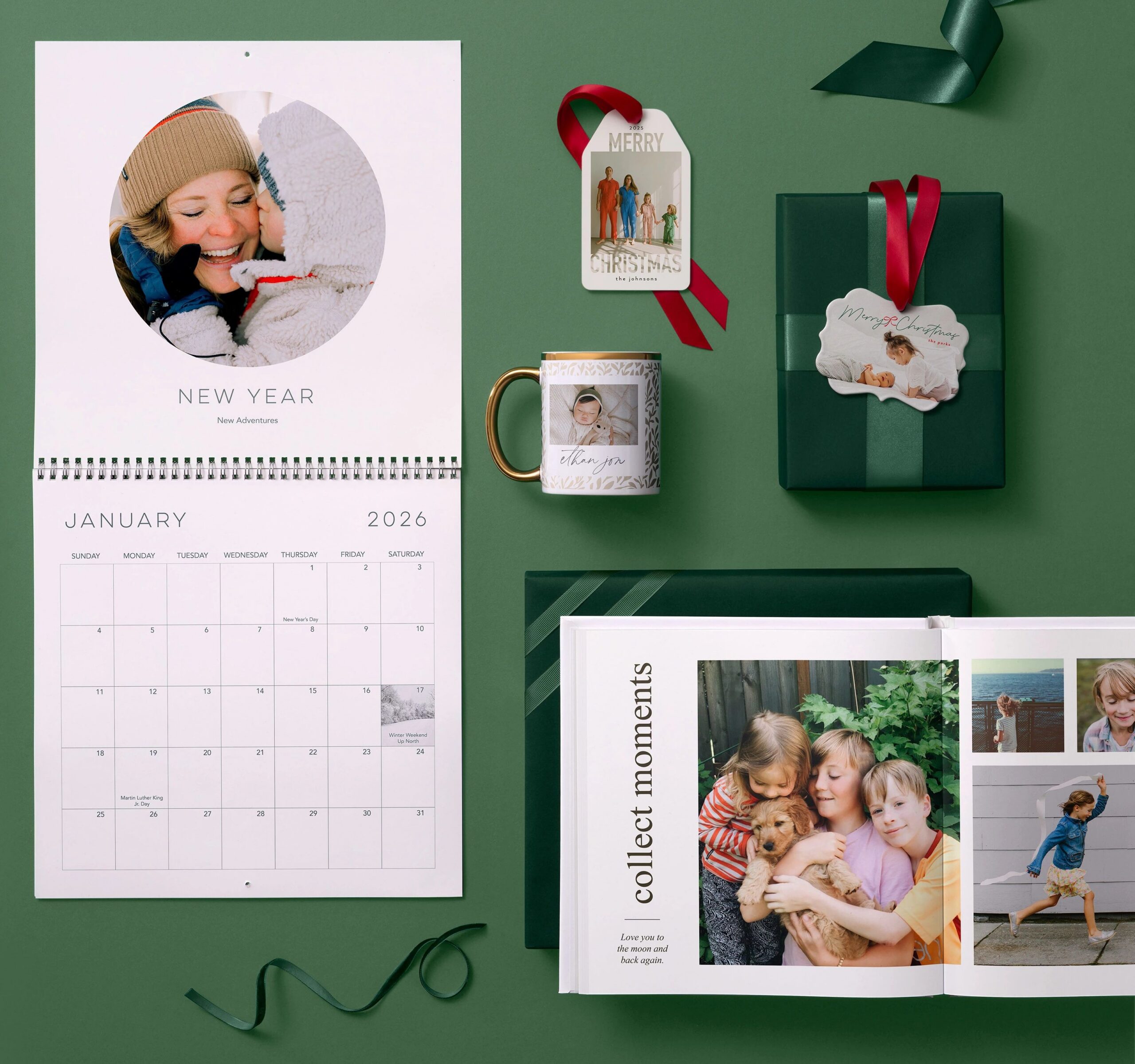 wall calendar, photo mug, photo ornament, and photo book