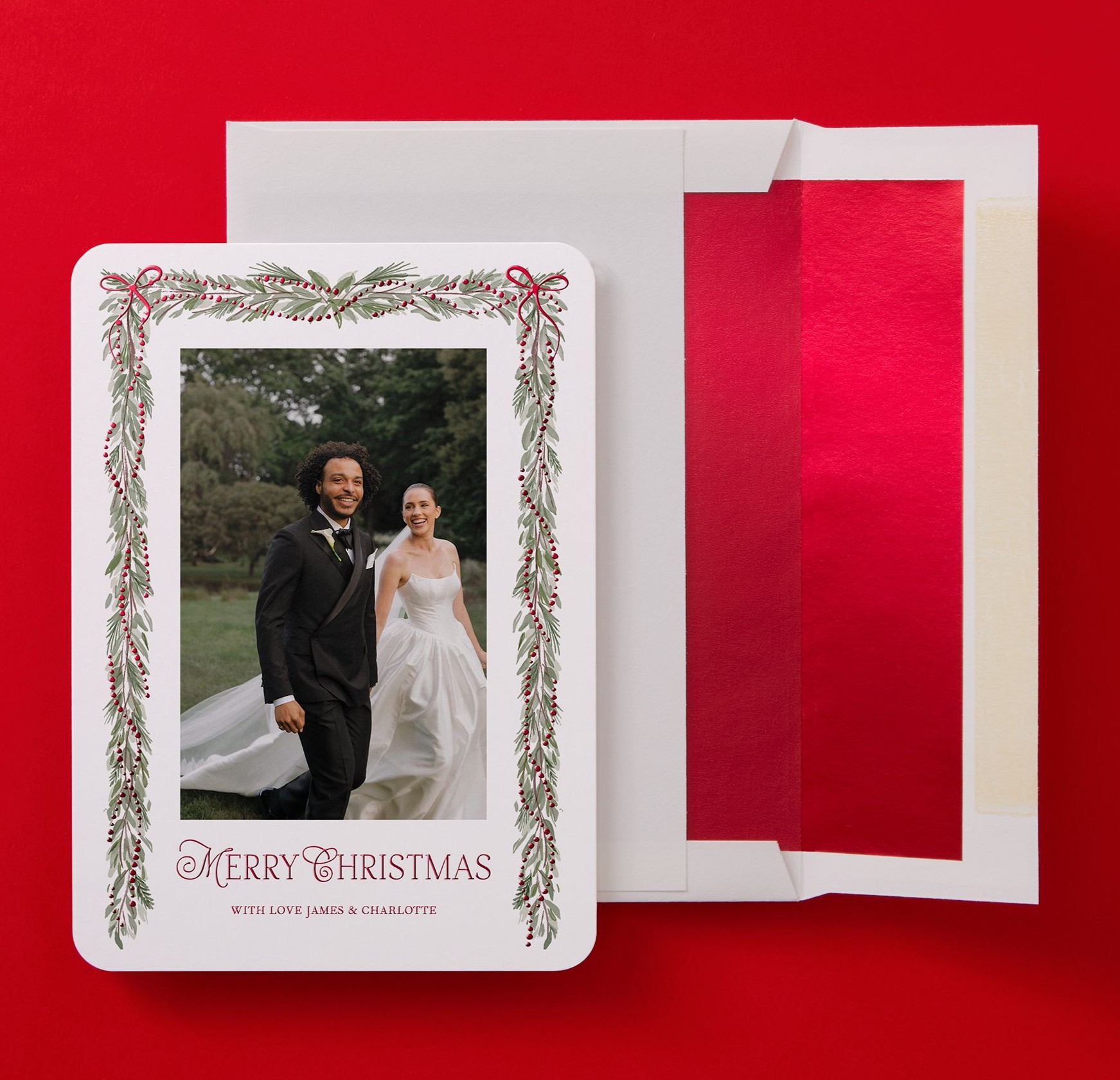 red foil christmas card with pre-lined foil envelope
