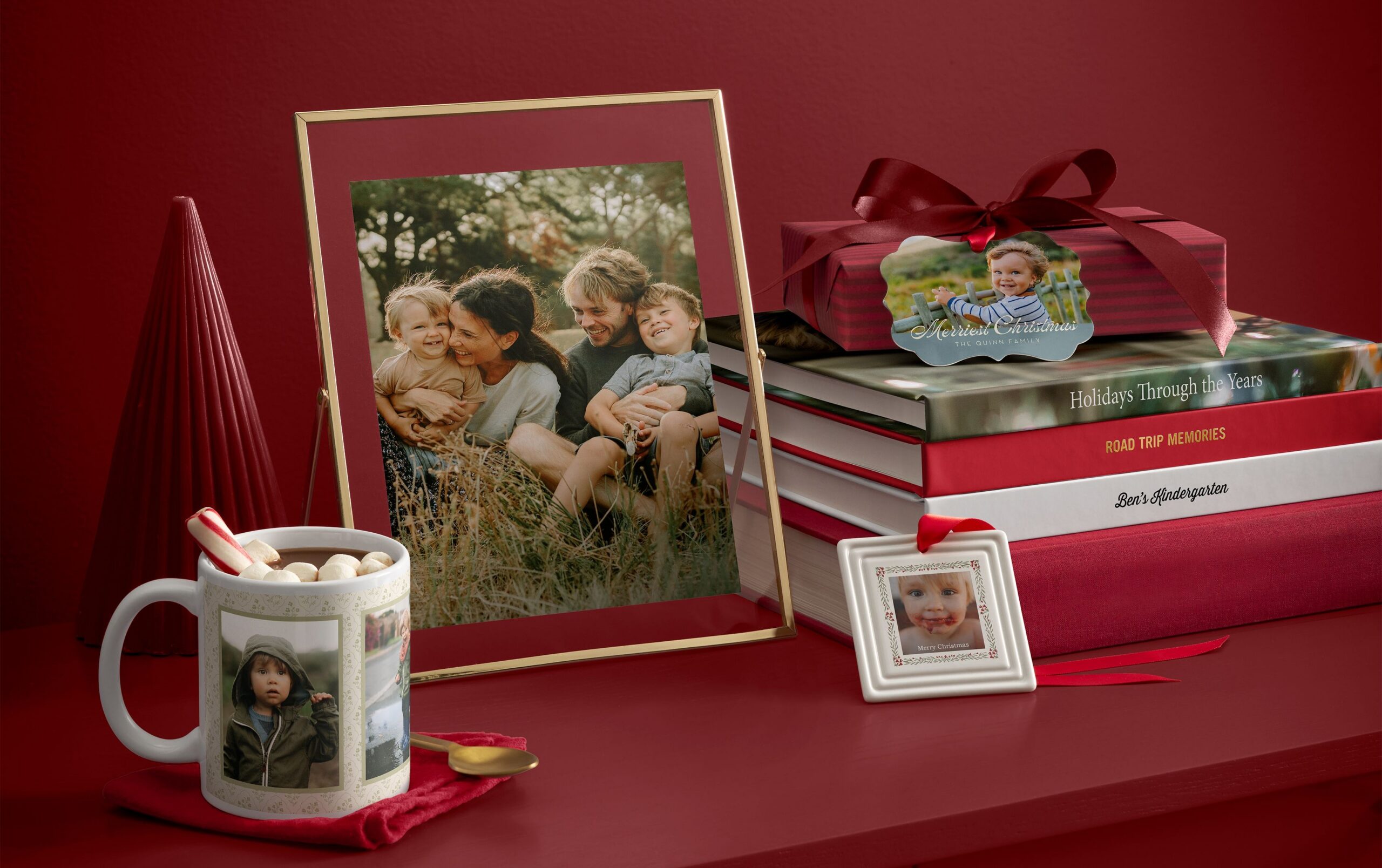 photo mug, tabletop print, photo ornaments, and photo books