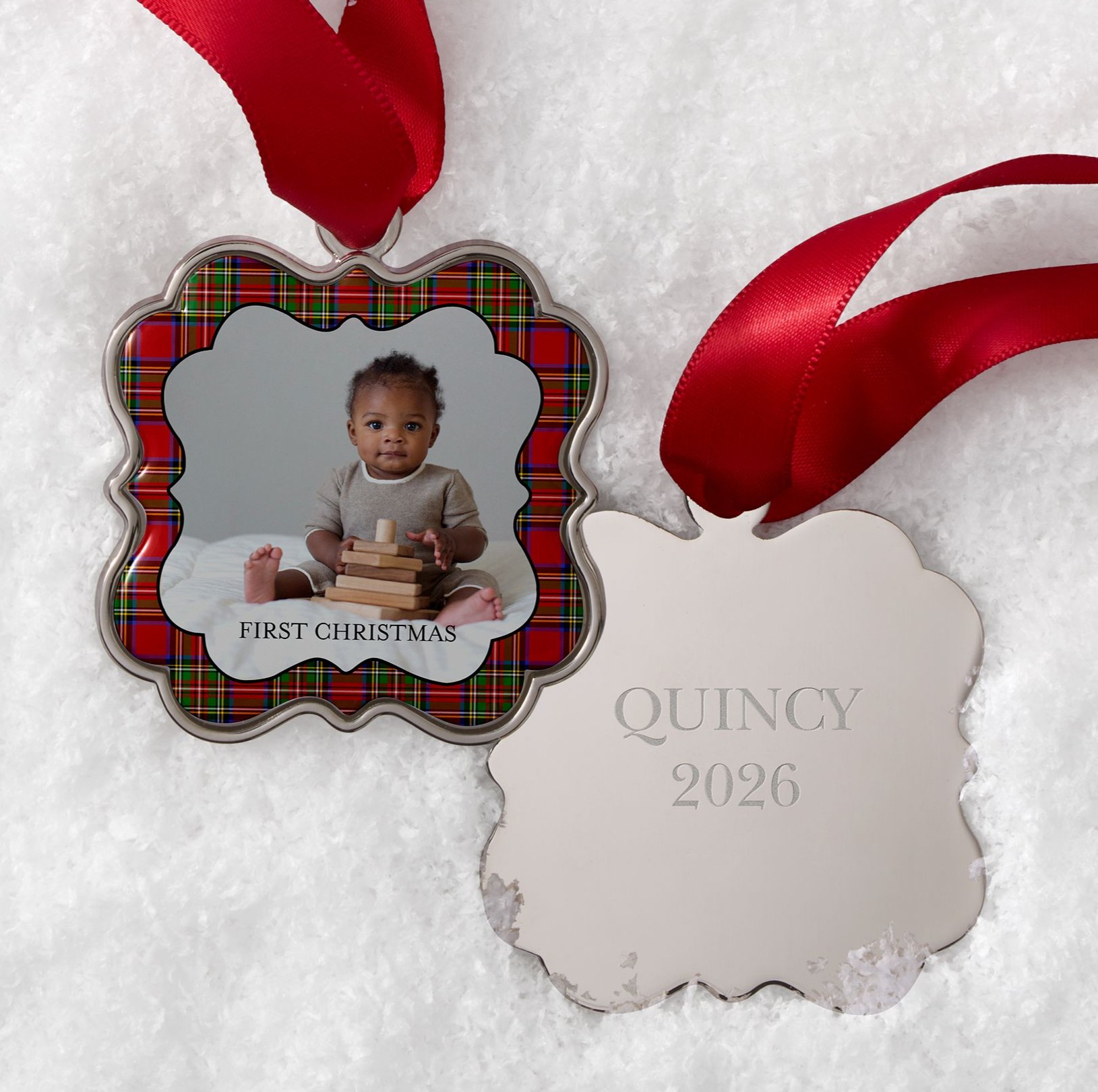 keepsake ornament with baby's first christmas design and back engraving
