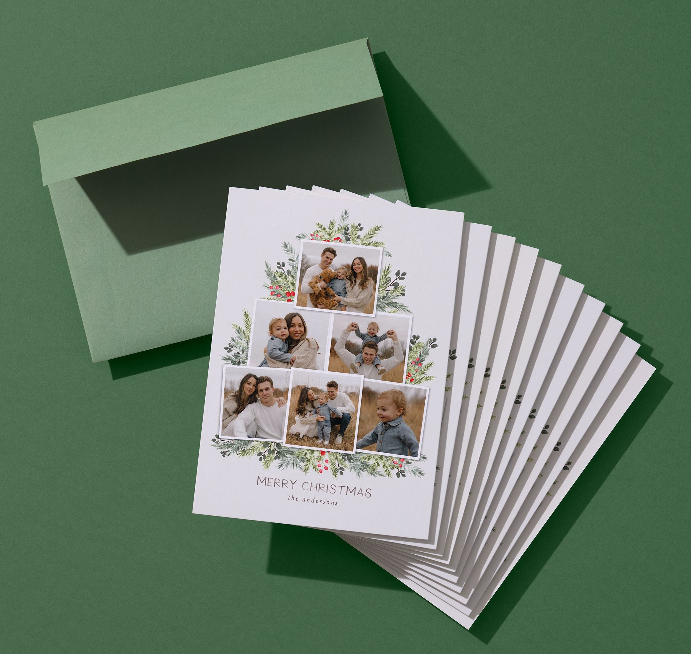 multi-photo christmas card with green colored envelope