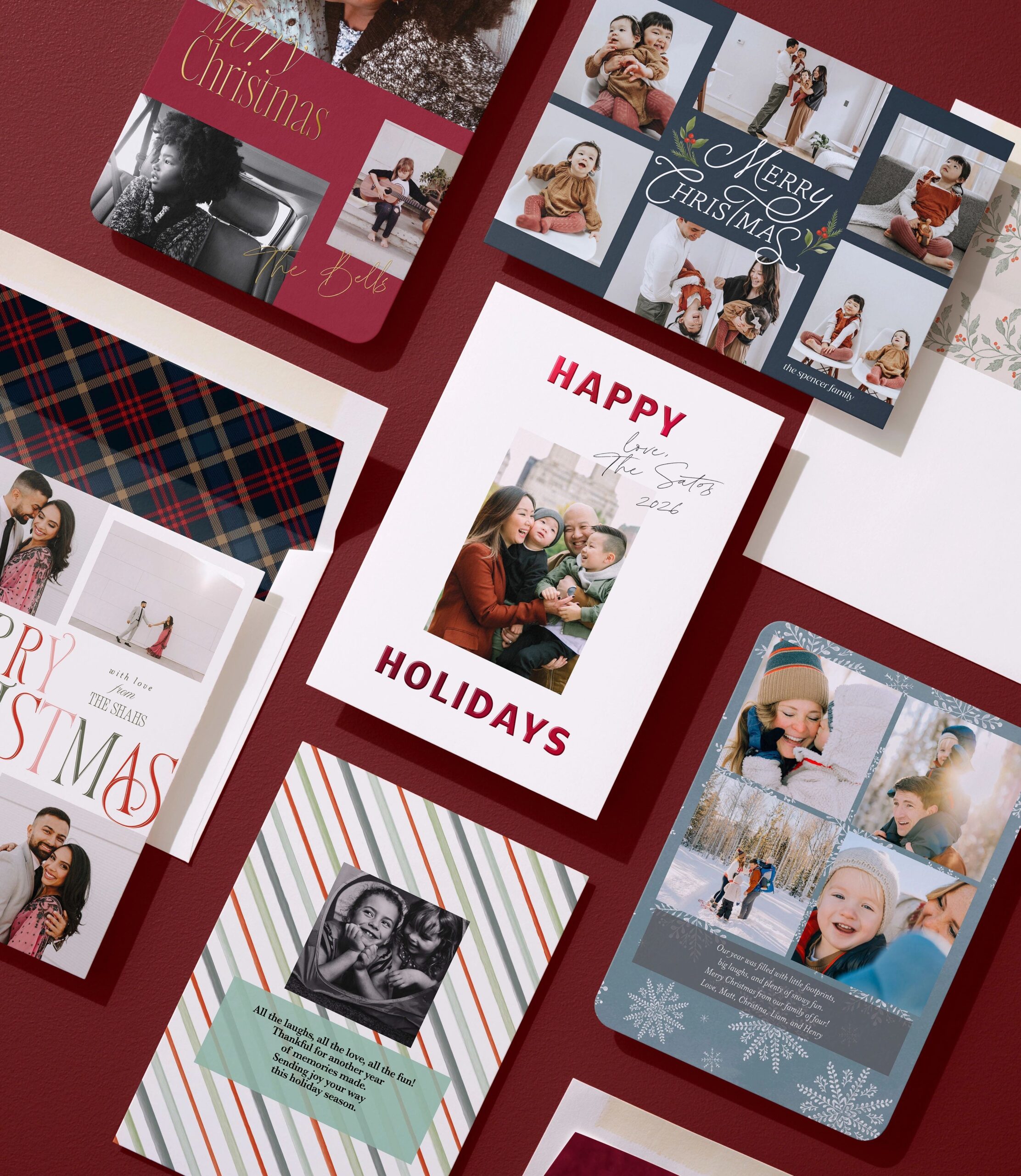 variety of christmas card designs in a flatlay