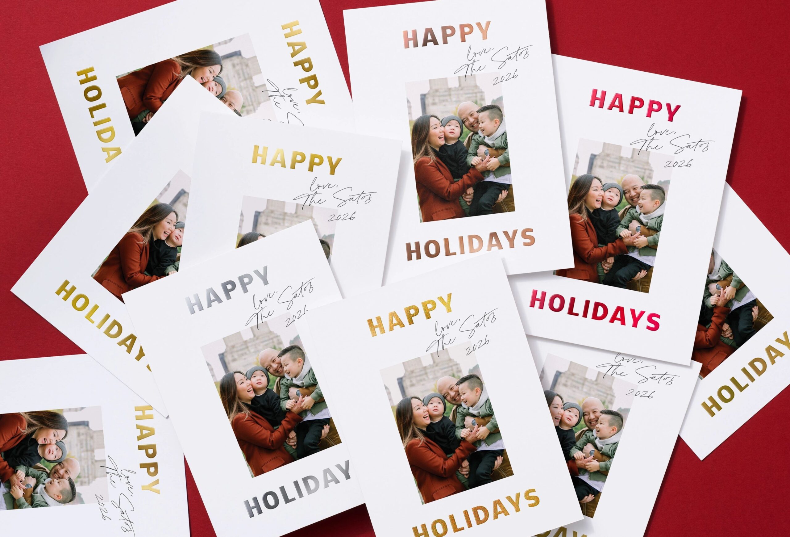 foil christmas cards with gold, silver, red, and rose gold foil