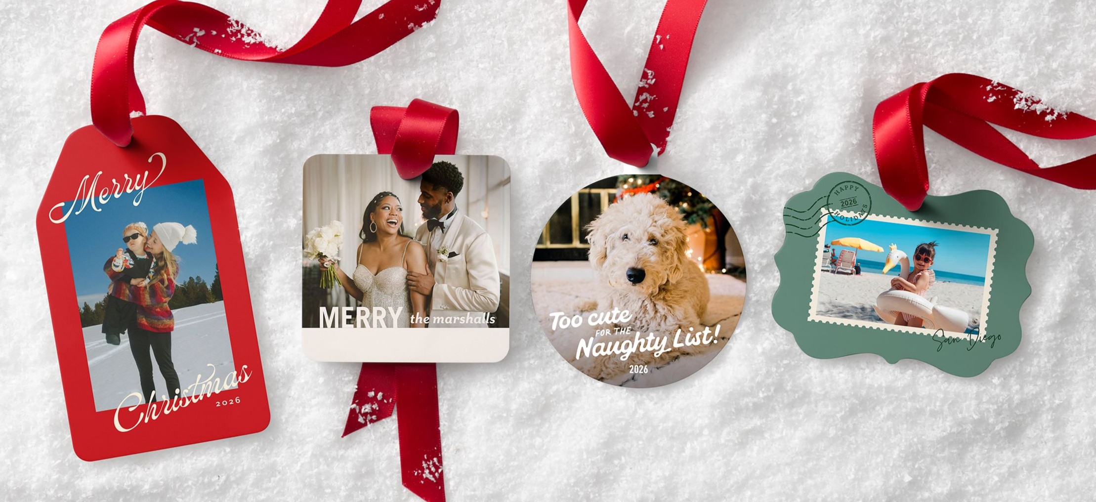 gift tag, square, round, and bracket shaped metal ornaments