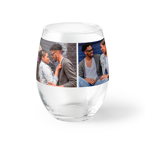 stemless wine glass with photos of a couple